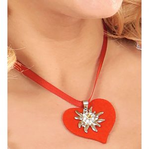 Trachten Halsband mit Anhänger Textilband mit Herz aus Filz und Edelweiß rot-silber