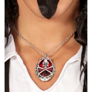 Schädel gekreuzte Knochen Halskette mit Anhänger blutroter Stein mit Schädelmotiv auch für Punks oder Vampire silber-rot