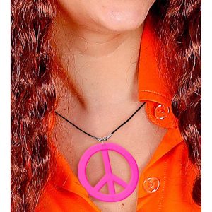 70er Jahre Hippie Peacezeichen Halskette mit Anhänger aus neonpinkem Kunststoff mit Textilhalsband pink