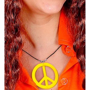 70er Jahre Hippie Peacezeichen Halskette mit Anhänger aus neongelbem Kunststoff mit Textilhalsband gelb