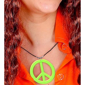 70er Jahre Hippie Peacezeichen Halskette mit Anhänger aus neongrünem Kunststoff mit Textilhalsband grün