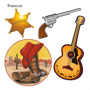Western Deko Wandbilder Set mit Gitarre und Pistole 4-teilig aus Papier 40cm bunt