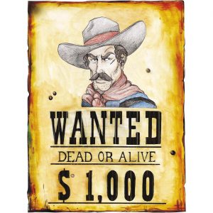 Western Deko Wandschild aus Papier 38x50cm Steckbrief WANTED DEAD OR ALIVE 1000$ braun-bunt