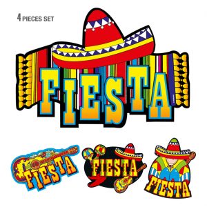 Mexiko Deko Wandbilder Set mit Sombreros 4-teilig aus Papier 55cm FIESTA bunt