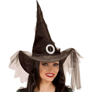 Hexen Zauberer Hexenhut aus Stoff mit Schnalle und Tüllschleier gezackt schwarz-silber