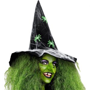 Hexen Zauberer Hexenhut aus Filz mit Spinneweben und leuchtenden Spinnen schwarz-weiß