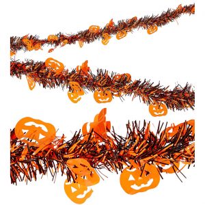 Kürbisse Dekofoliengirlande Lametta Drahtgirlande mit Kunststofffäden 427cm orange-schwarz