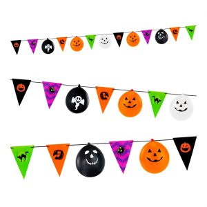 Halloween Dekogirlanden Set+Ballons Girlande mit 8 Flaggen + 5 Ballons bunt