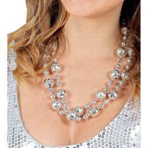 80er Jahre Discokugel Perlenkette aus Kunststoff Halskette mit großen und kleinen Kugeln silber