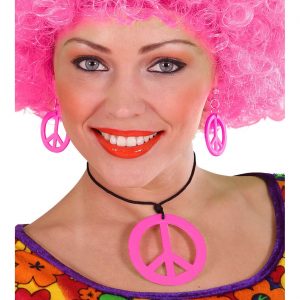 70er Jahre Hippie Peacezeichen Halskette+Ohrring Set aus neonpinkem Kunststoff mit Textilhalsband pink
