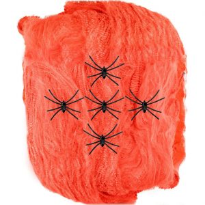 Spinnennetz Deko Spinnenwatte Spinnweben zum Auseinanderziehen mit 5 Spinnen orange-schwarz