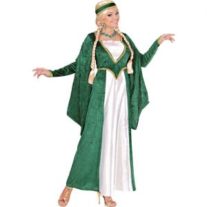 Mittelalterliche Dame Kostüm Kleid lang aus Samt grün-creme