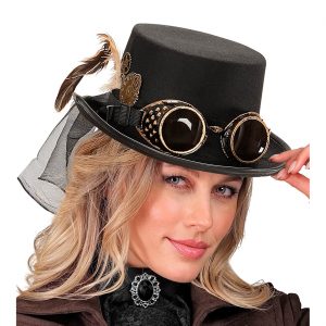 Steampunk Zylinderhut mit Feder Zahnrädern Brille Goggles und Tüll schwarz-gold
