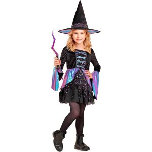Hexe Kinderkostüm Kleid kurz Metallic Hexe mit Pailletten schwarz mit türkis-lila