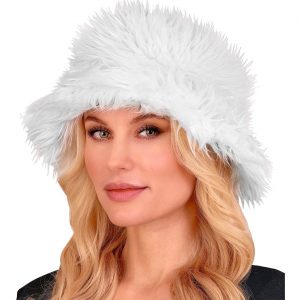 70er / 90er / Festival Eimerhut Fischerhut aus Plüsch Deluxe weiß