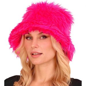 70er / 90er / Festival Eimerhut Fischerhut aus Plüsch Deluxe neonpink