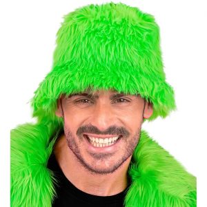 70er / 90er / Festival Eimerhut Fischerhut aus Plüsch Deluxe neongrün