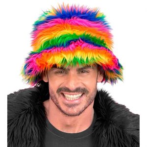 70er / 90er / Festival Eimerhut Fischerhut aus Plüsch Deluxe regenbogen