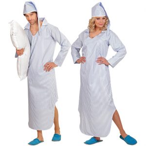 Patienten Nachthemd Kostüm Tunika halblang Schlafwandler Schlafwandlerin gestreift mit Mütze blau-weiß