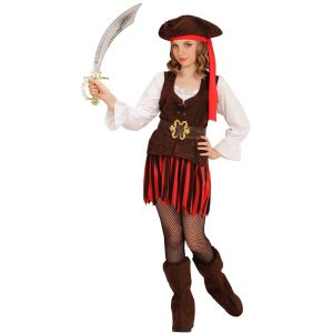 Piratin Kinderkostüm Kleid kurz gestreift mit Veloursleder Optik braun-rot