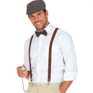 20er Jahre / 50er Jahre Hosenträger+Fliege+Mütze Set Schiebermütze Hut Taschenuhr braun