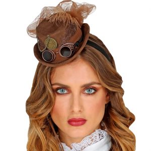 Steampunklady / Edeldame Minihut Zylinder auf Haarreif mit Feder Minibrille Goggles und Tüll Deluxe braun