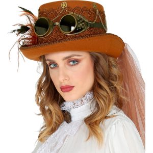 Steampunklady / Edeldame Zylinderhut mit Federn Brille Goggles und Tüll Schleier Deluxe braun-gold