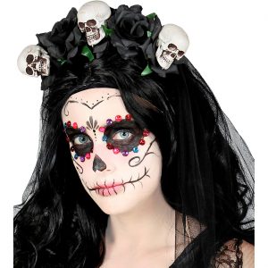 Geister Braut Haarreif mit Schleier und Blumen mit Schädel Rosen extra langer Tüll schwarz