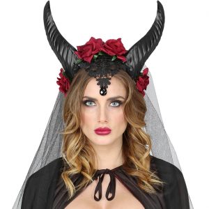 Fee Maleficia / Teufel Haarreif mit Hörnern mit dunkelroten Rosen extra langer Tüll schwarz-rot