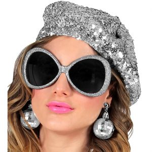 80er Jahre Discokugel Schmuck Set+Brille+Mütze Ohrringe Glitzer Butterflybrille und Pailletten Baskenmütze silber