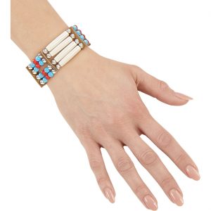 Hippie / Indianer Armband Halskette aus Perlen Röhrenknochen und Leder Optik türkis beige-braun