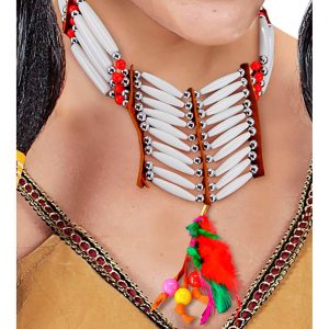 Hippie / Indianer Halsband Halskette aus Perlen Röhrenknochen und Leder Optik rot beige-braun