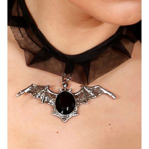 Fledermaus Halsband mit Anhänger mit ovalem Stein Textilhalsband zum Binden schwarz-silber