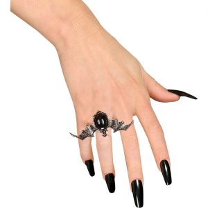Fledermaus Ring mit ovalem Stein schwarz-silber