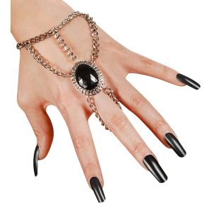 Edelleute Vintage / Gothic Armband mit Ring Manolette mit Ketten und schwarzem Stein ovale Form silber