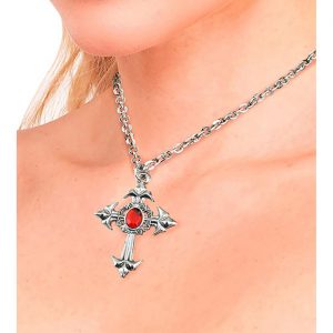 Kreuz Halskette mit Anhänger filigran mit Stein elegant silber-rot