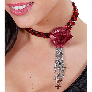 Edeldame / Kreuze Halskette Collier mit Textiblume filigran elegant rot-silber