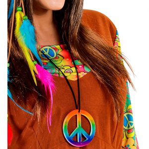 70er Jahre Hippie Peacezeichen Halskette mit Anhänger aus regenbogenfarbenem Kunststoff mit Textilhalsband bunt