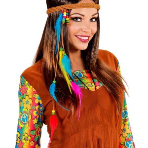 Hippie / Indianer Federstirnband mit Perlen Lederoptik braun-bunt