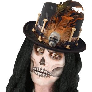Voodoo Priester Priesterin Zylinderhut mit Federn Knochen und Schädel Schlangenprint braun-schwarz
