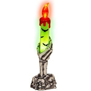 Halloween Deko Leuchter mit LED Kerzenständer Skeletthand mit blutenden Kerzen 20cm beige-grün