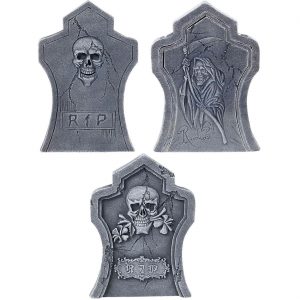 Grabsteine Deko Standfiguren Set aus Styropor mit Schädeln und RIP grau