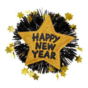 Silvester Deko Brosche in Sternform Happy New Year mit Glitzer und Lametta schwarz-gold