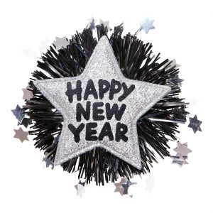 Silvester Deko Brosche in Sternform Happy New Year mit Glitzer und Lametta schwarz-silber