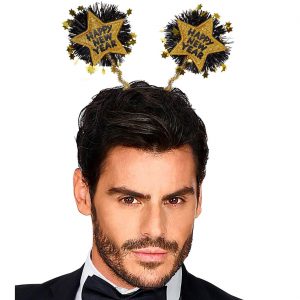 Silvester Deko Accessoire / Haarreif / Fühler in Sternform Happy New Year mit Glitzer und Lametta schwarz-gold