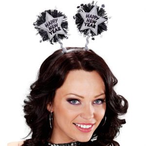 Silvester Deko Accessoire / Haarreif / Fühler in Sternform Happy New Year mit Glitzer und Lametta schwarz-silber