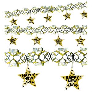 Silvester Dekogirlande in Sternform Happy New Year aus Kunststoff 300cm metallic schwarz-gold