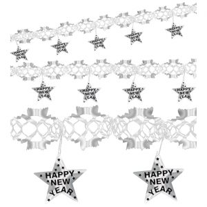 Silvester Dekogirlande in Sternform Happy New Year aus Kunststoff 300cm metallic schwarz-silber