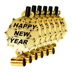 Silvester Deko Luftrüssel Tröte mit Sternen Happy New Year aus Kunststoff Tischdeko metallic schwarz-gold