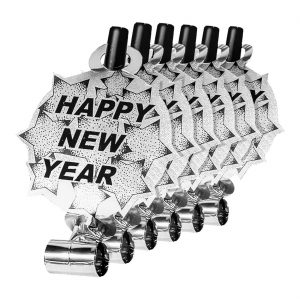 Silvester Deko Luftrüssel Tröte mit Sternen Happy New Year aus Kunststoff Tischdeko metallic schwarz-silber